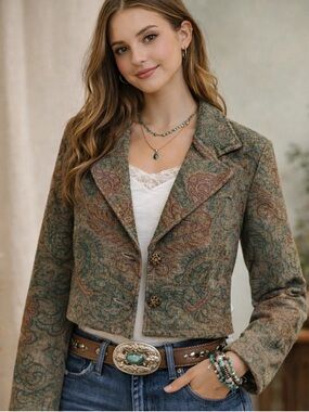 Vintage Silverado Tapestry Cropped Jacket Southwestern Boho Blazer S